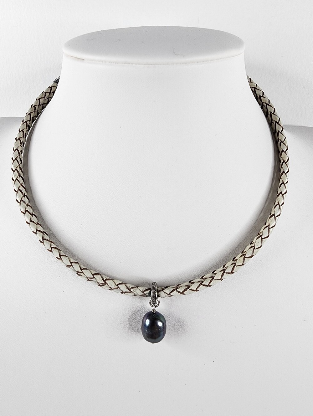 Chan Luu Necklace Pearl Pendant Diamond Chips Sterling Silver Braided Leather